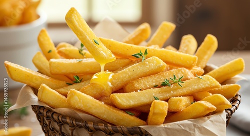 Obraz na płótnie French Fries with Cheese Sauce in Wicker Basket w salonie