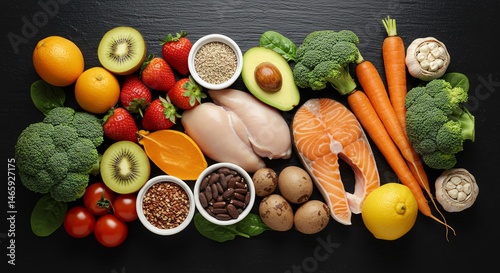 Healthy Food Variety on Dark Background