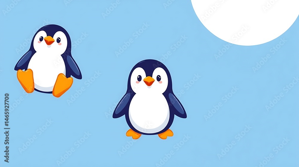 Obraz premium A cute penguin logo in a modern flat design style, pop art aesthetic. Vector illustration with clean background and electric vivid colors. Simple two-dimensional shapes