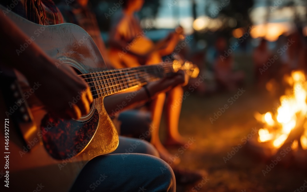Fototapeta premium Guitar player around a campfire with people