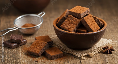 Chocolate Truffle in Bowl with Star Anise and Cocoa Powder
