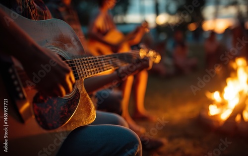 Guitar player around a campfire with people