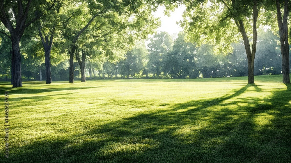 Sunny park grass, morning shadows, lush trees, tranquil scene Sunny park grass, morning shadows, lush trees, tranquil scene