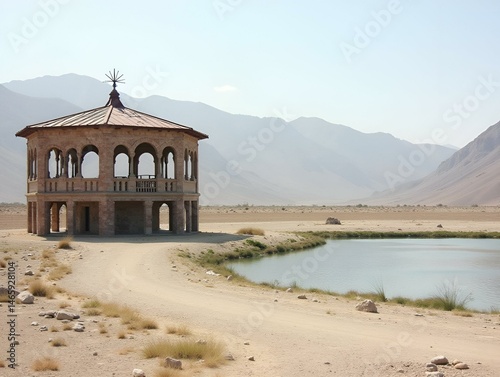 Dry or arid lake with old vintage pavilion.