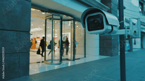 Wallpaper Mural White outdoor security surveillance camera mounted near shopping center, mall, retail store with revolving glass doors, monitoring pedestrian activity and customer safety in a modern commercial area. Torontodigital.ca