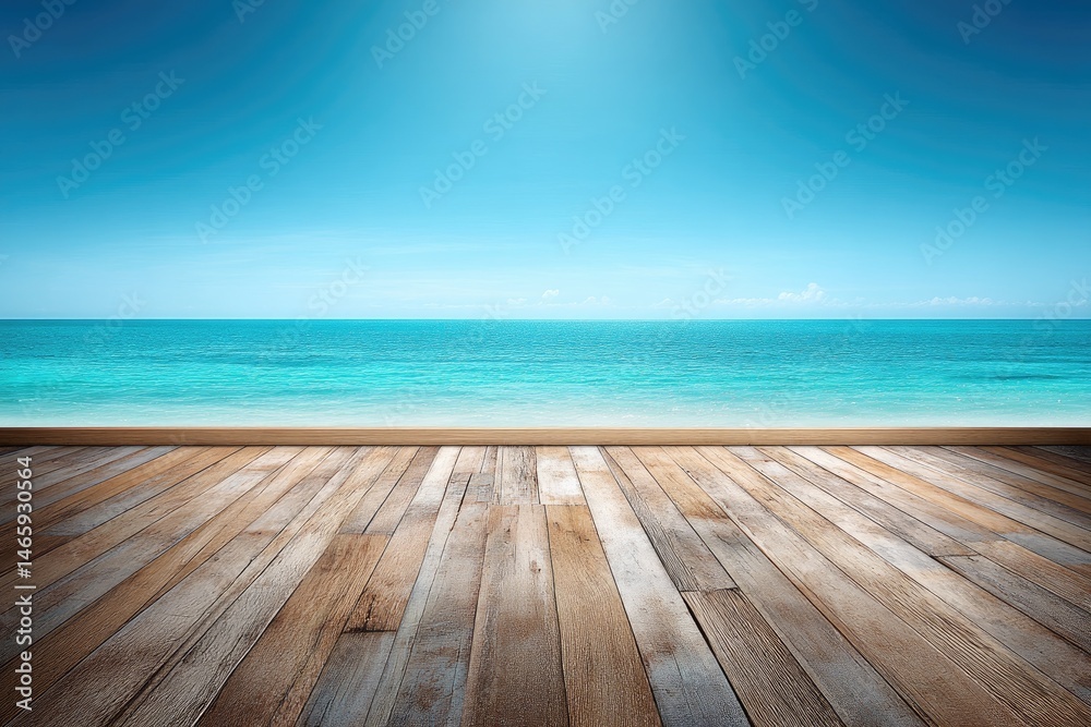A Serene Ocean Vista Azure Waters Meet the Blurred Wooden Pier