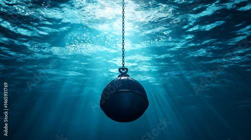 A dark sphere suspended underwater with light rays penetrating the depths.