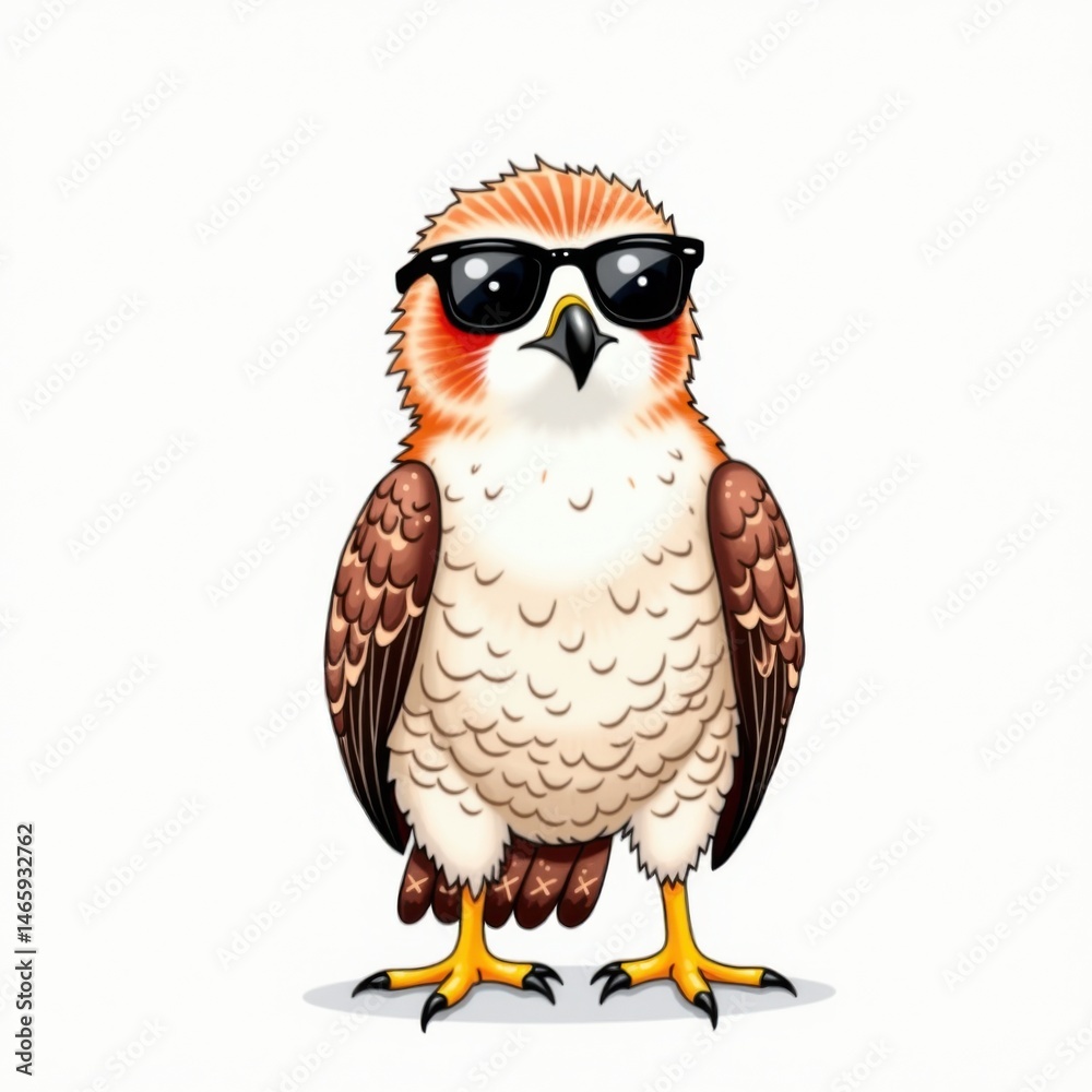 Obraz premium A cool cartoon hawk wearing black sunglasses stands confidently on a white background.