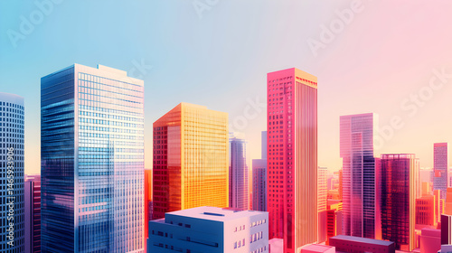 Tall modern skyscrapers in a city setting under a colorful sky.