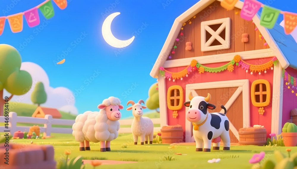 Cute Cartoon Sheep and Eid Lanterns in Green Meadow Cute Cartoon Sheep and Eid Lanterns in Green Meadow