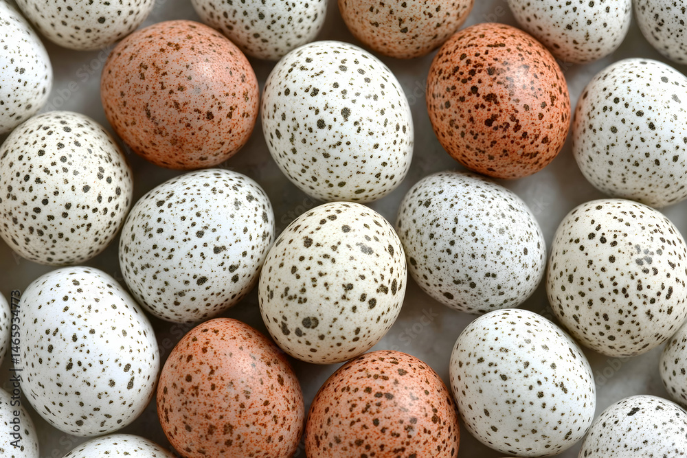 Close-up shot of speckled eggs, featuring a mix of white and brown speckled bird eggs, creating a visually appealing texture and pattern. Close-up shot of speckled eggs, featuring a mix of white and brown speckled bird eggs, creating a visually appealing texture and pattern.