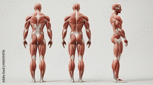 3D Visualization of the Muscular System: A 3D rendered image of the human muscular system, with muscles shown in layers, revealing the complexity of the human body.

