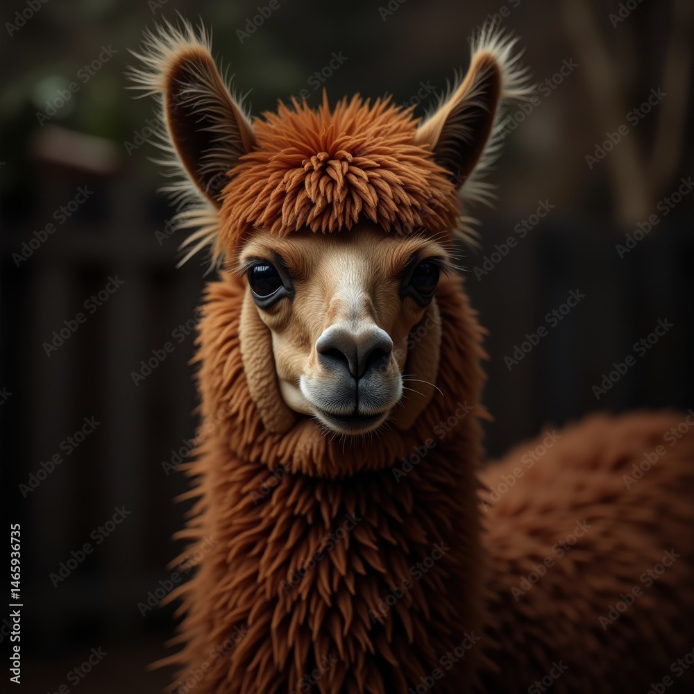 Obraz premium A fluffy brown alpaca with expressive eyes stands outdoors, its soft fur highlighted against a blurred background.