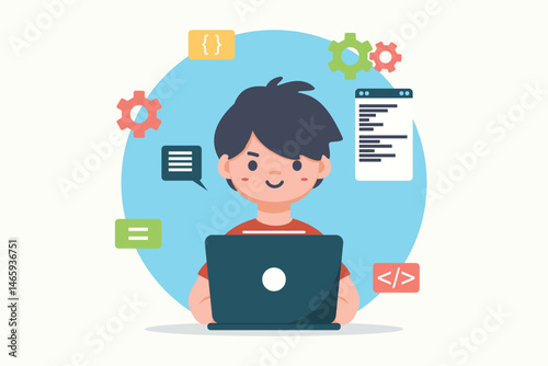 Kid Learning Coding on Laptop – Flat Vector Illustration. Minimalist vector of a school-age child coding on a laptop, ideal for STEM education and coding course promotions. eps10