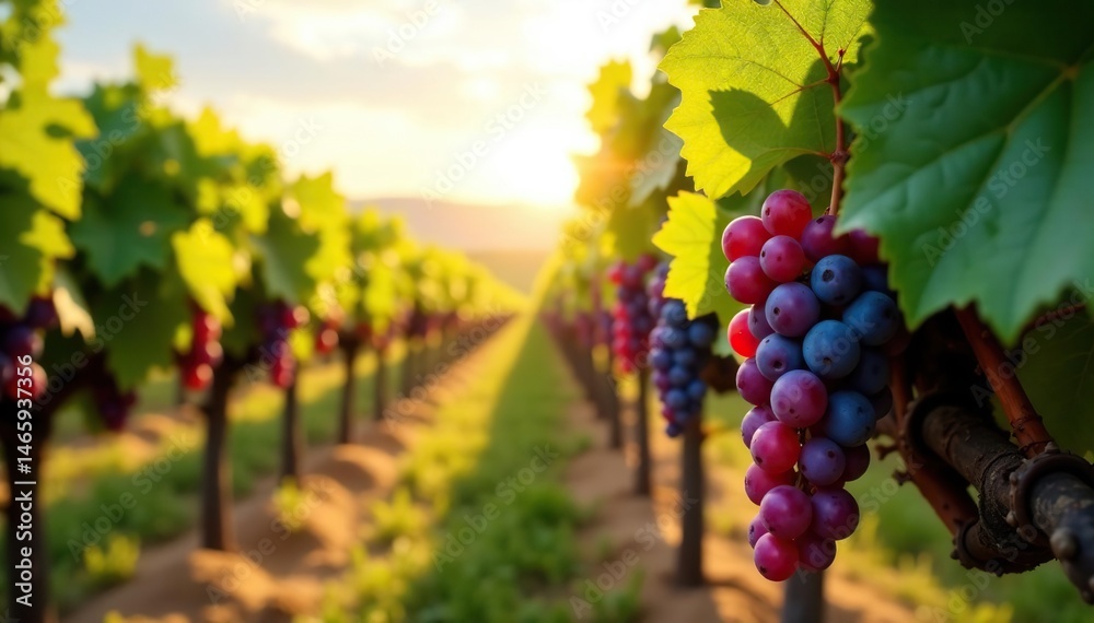 Fototapeta premium Sun-drenched vineyard rows, ripe grapes hanging , winery, production