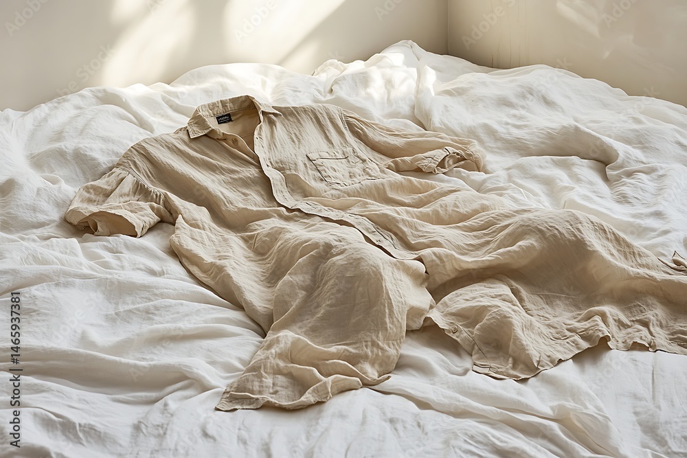 Obraz premium Light beige linen shirt dress draped on a white bed