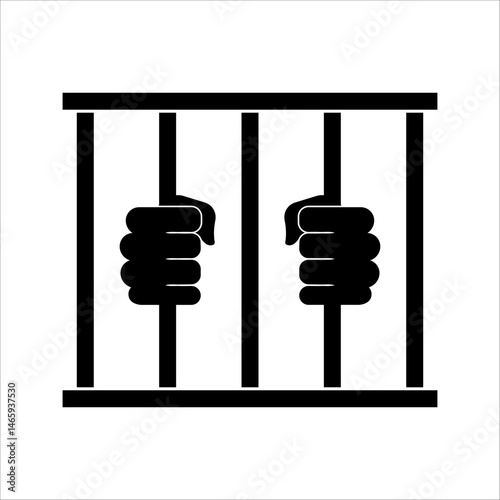 Prison icon. Hands holding prison bars. Silhouette criminal man behind bars. vector illustration on white background. 
