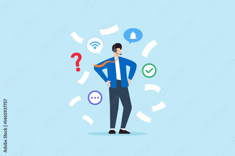 Flat illustration of support specialist reviewing remote tickets with headset in multitasking customer service environment Flat illustration of support specialist reviewing remote tickets with headset in multitasking customer service environment