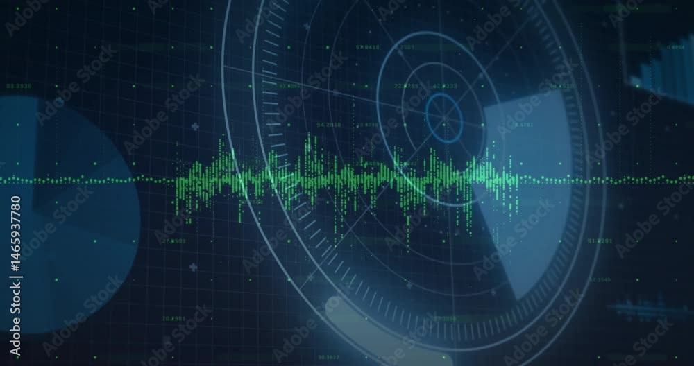 Green waveform stretching across flat grid interface while radar rings spinning with pulsing data Green waveform stretching across flat grid interface while radar rings spinning with pulsing data