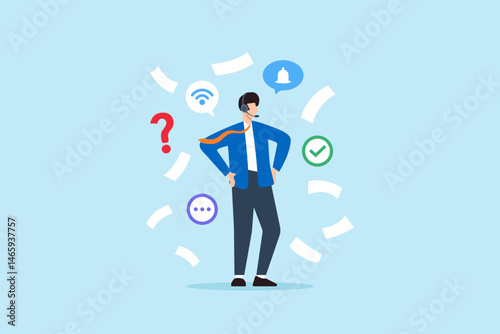 Flat illustration of support specialist reviewing remote tickets with headset in multitasking customer service environment