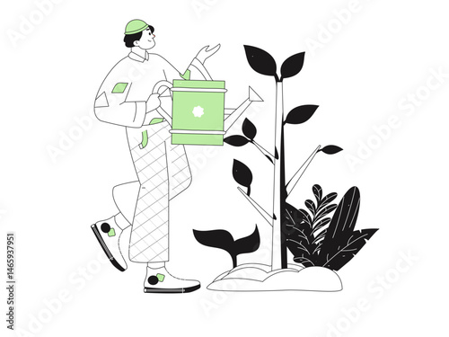 Flat character vector concept operation hand drawn illustration of planting trees on Arbor Day in spring
