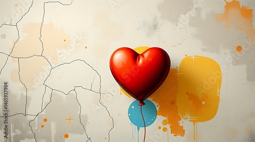 A heart shaped balloon floating against a textured wall with paint splatters and cracks in the background