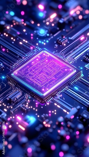 Glowing purple CPU on a circuit board, neon lights