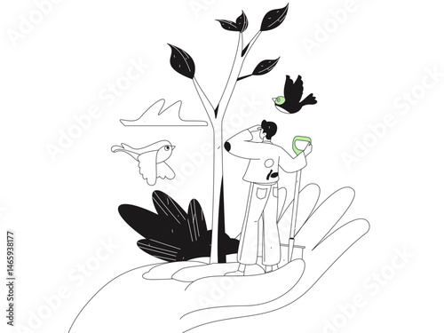 Flat character vector concept operation hand drawn illustration of planting trees on Arbor Day in spring
