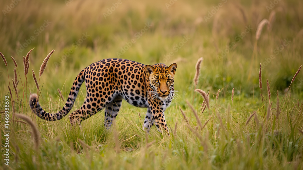 Naklejka premium A beautiful leopardess is walking through the tall grass
