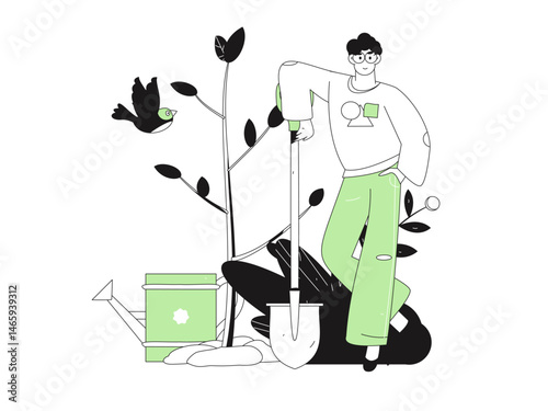 Flat character vector concept operation hand drawn illustration of planting trees on Arbor Day in spring
