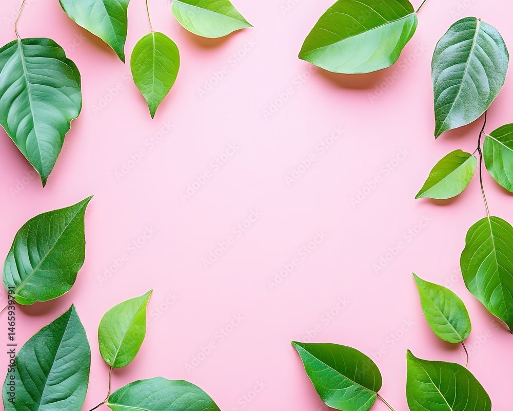 Fototapeta premium Pink Background Green Leaves Frame Nature Spring