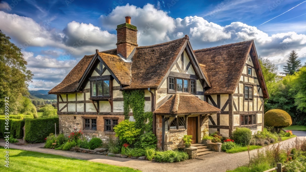 Fototapeta premium Traditional timber framed cottage with intricate wooden beams and a sloping roof, wooden details, rural landscapes