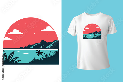 Surfing Wave Illustration with Palm Trees and Sunrise in Retro Style – Perfect for Summer Apparel