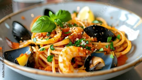 Delicious Seafood Spaghetti with Mussels, Shrimp, and Basil photo