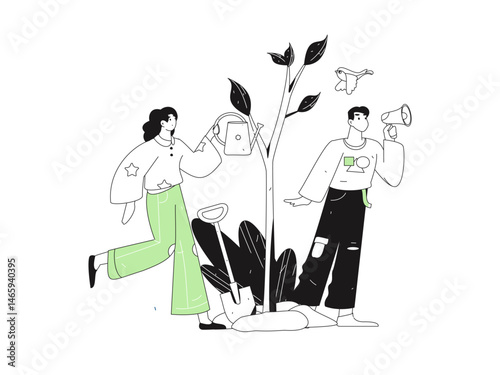 Flat character vector concept operation hand drawn illustration of planting trees on Arbor Day in spring
