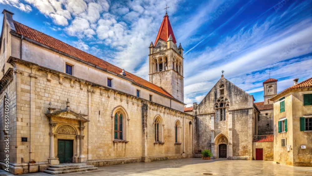 Fototapeta premium Ancient stone walls and Gothic architecture of Cathedral St Lawrence in Trogir , historic building