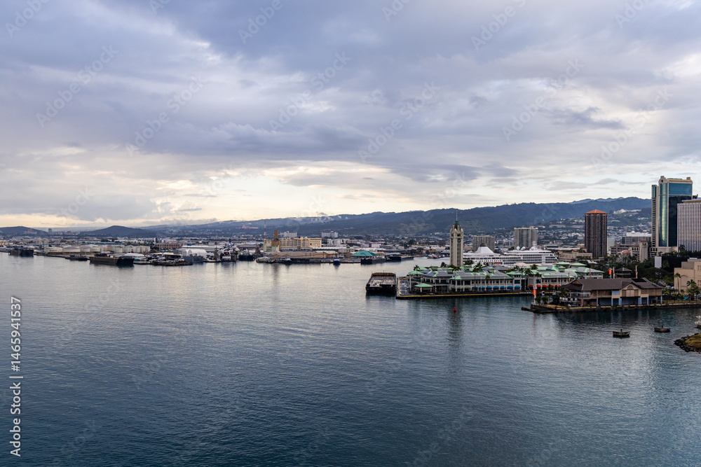 Scenic View of Honolulu Harbor and Cityscape in Hawaii Scenic View of Honolulu Harbor and Cityscape in Hawaii