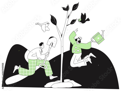 Flat character vector concept operation hand drawn illustration of planting trees on Arbor Day in spring
