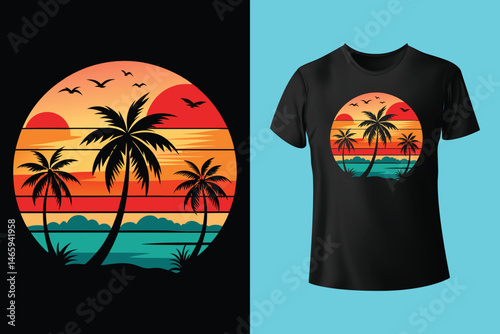 Surfing Wave Illustration with Palm Trees and Sunrise in Retro Style – Perfect for Summer Apparel