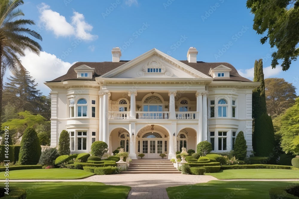 Naklejka premium A grand yellow mansion featuring a spacious porch and stone foundation.