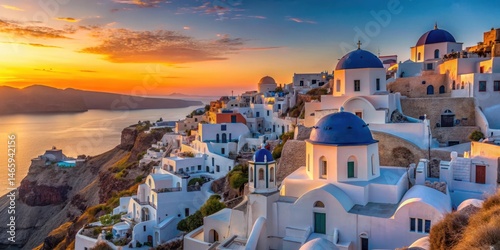Panoramic view of Oia village at sunset with whitewashed houses and blue domes in Santorini Island, Greece , beautiful village, grecian architecture