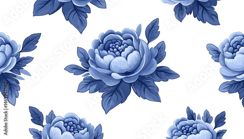 Seamless pattern featuring delicate blue floral blossoms and leaves on a white background