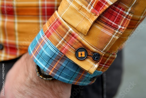 Close-up of a brightly colored, patterned shirt cuff