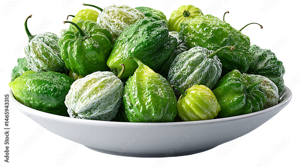 Fototapeta premium Fresh Green Peppers in a Bowl Still Life Photography Food Image Culinary Produce Vegetable