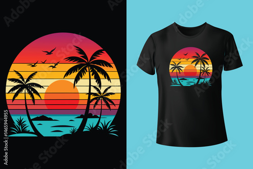 Surfing Wave Illustration with Palm Trees and Sunrise in Retro Style – Perfect for Summer Apparel
