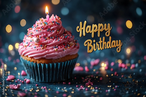 Delicious birthday cupcake with pink frosting sprinkles candle and sparkling bokeh background