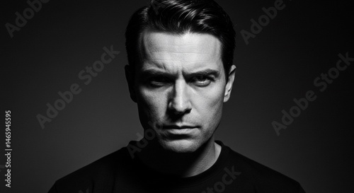 Portrait of handsome man in black and white grayscale image for male model photography and headshot inspiration