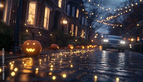 A spooky, autumnal street scene with carved pumpkins lining a cobblestone road, illuminated by warm lights on a misty night