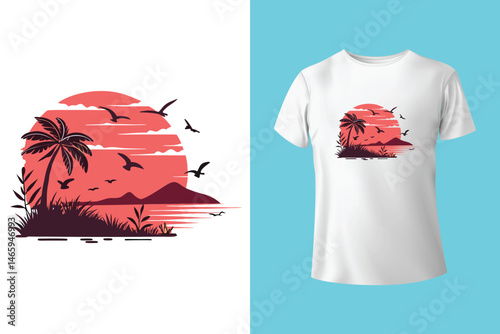 Retro Surfing Wave Vector with Palm Trees and Sunburst Background for Summer T-Shirt Design