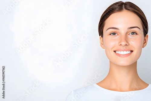 A young woman with flawless skin and a bright smile looks directly at the camera against a soft white background